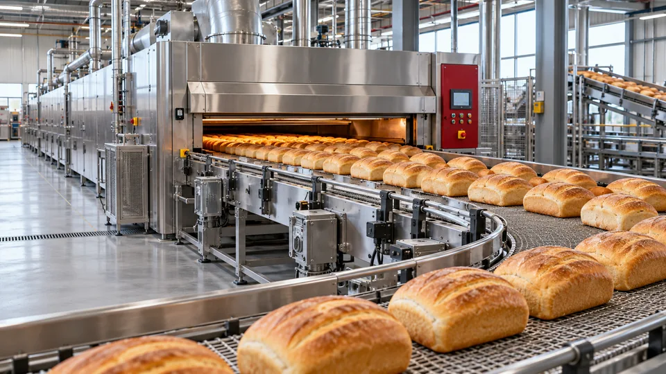 Línea industrial de horneo y enfriamiento para producción de pan.
