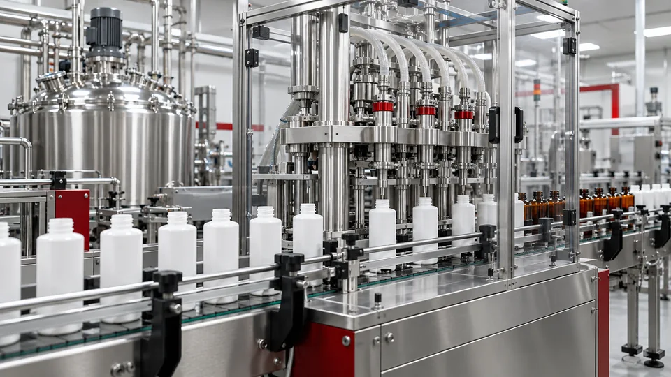 Línea de llenado y acondicionamiento de productos cosméticos.