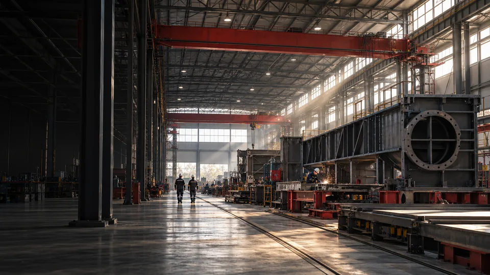 Nave industrial con estructuras metálicas y puente grúa.