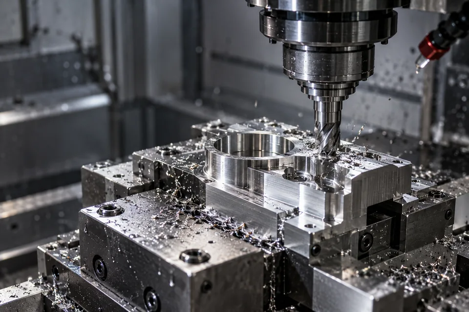 Mecanizado de precisión de un componente metálico en un equipo CNC.