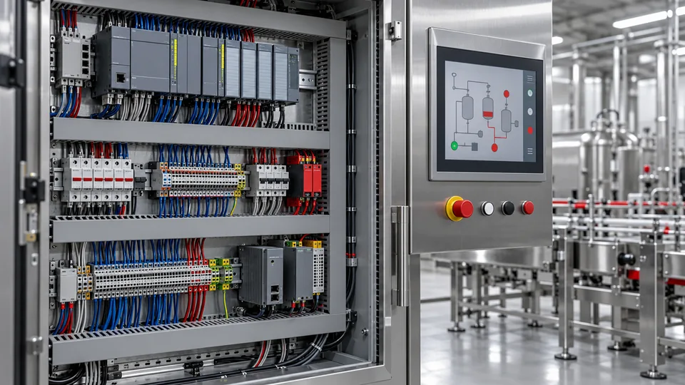 Tablero de control industrial con PLC e interfaz HMI.